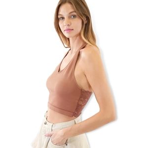 Nikibiki Cognac Brown Halter Ribbed Stretch Crop Top with Lace Back One Size